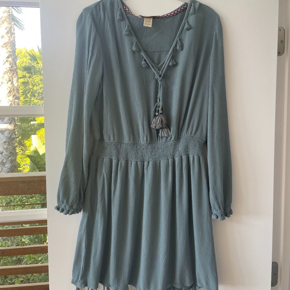 Davina Spring Dress Fringe Tassel Blue Green Knee Length Long Sleeve, Size Large